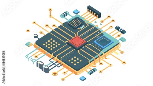 An isometric illustration of a microchip with intricate circuitry, showcasing the complex architecture of computer hardware components.