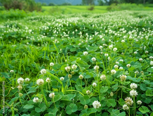 Vibrant Clover and Ryegrass Meadow in Serene Countryside Landscape