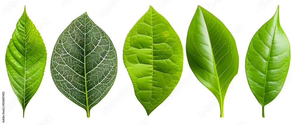 Set of green leaves isolated on transparency background, top view, PNG ...