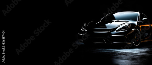 Modern black car with glowing headlights in dark