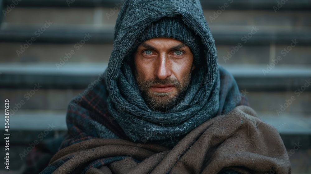 Homeless man wrapped in a blanket, sitting on the steps of a city building Homeless man wrapped in a blanket, sitting on the steps of a city building