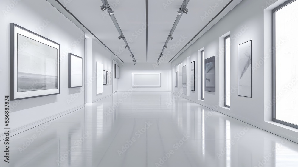 Minimalist art gallery with contemporary framed artwork on white walls and reflective floor, featuring bright lighting and sleek design elements. Minimalist art gallery with contemporary framed artwork on white walls and reflective floor, featuring bright lighting and sleek design elements.