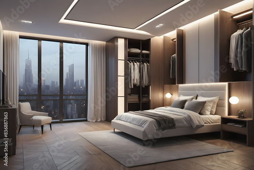 Luxury Arafed Bedroom with City View  Modern Apartment
