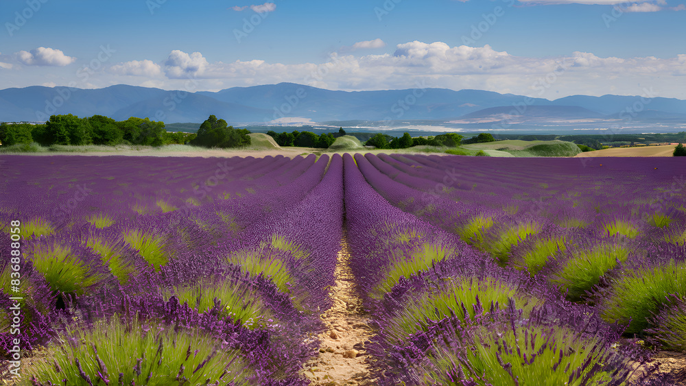 Fototapeta premium Blooming Lavender Field Stretching Into the Horizon, Serene Landscape Perfect for Tranquility and Nature Lovers