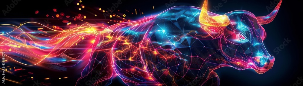 Futuristic neon bull, vibrant with flowing electric currents, symbolizing strength and energy in a digital art style Futuristic neon bull, vibrant with flowing electric currents, symbolizing strength and energy in a digital art style
