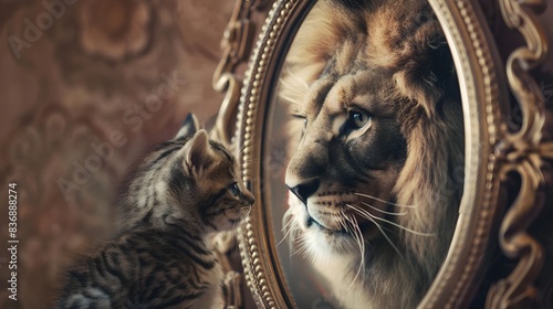 Curious Kitten Gazes Into Luxurious Mirror Seeing Reflection of Majestic Lion