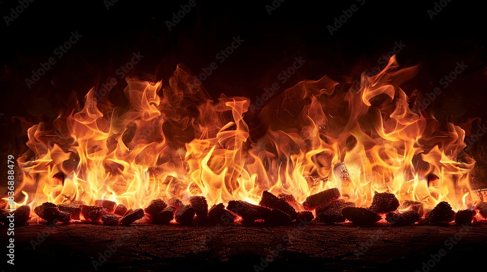 Fiery flames dance over glowing embers in a fireplace. Fiery flames dance over glowing embers in a fireplace.
