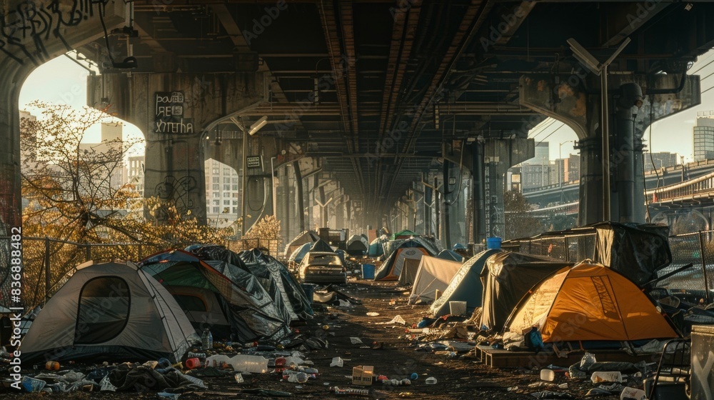 Naklejka premium Homeless encampment under a city bridge, with tents and makeshift shelters