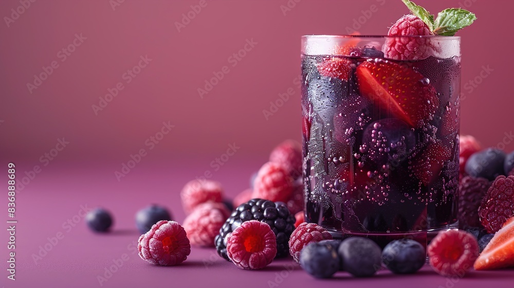 A glass of mixed berry juice with blueberries, raspberries, and blackberries on a solid purple background, highlighting the rich and vibrant berry flavors. A glass of mixed berry juice with blueberries, raspberries, and blackberries on a solid purple background, highlighting the rich and vibrant berry flavors.