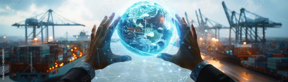 Hands manipulating a holographic globe over a shipping harbor, showcasing global commerce and connectivity Hands manipulating a holographic globe over a shipping harbor, showcasing global commerce and connectivity