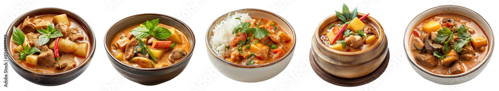 Thai Mussaman Curry with chicken, spice, and rice in a bowl, isolated food PNG, transparent background, top view Thai Mussaman Curry with chicken, spice, and rice in a bowl, isolated food PNG, transparent background, top view