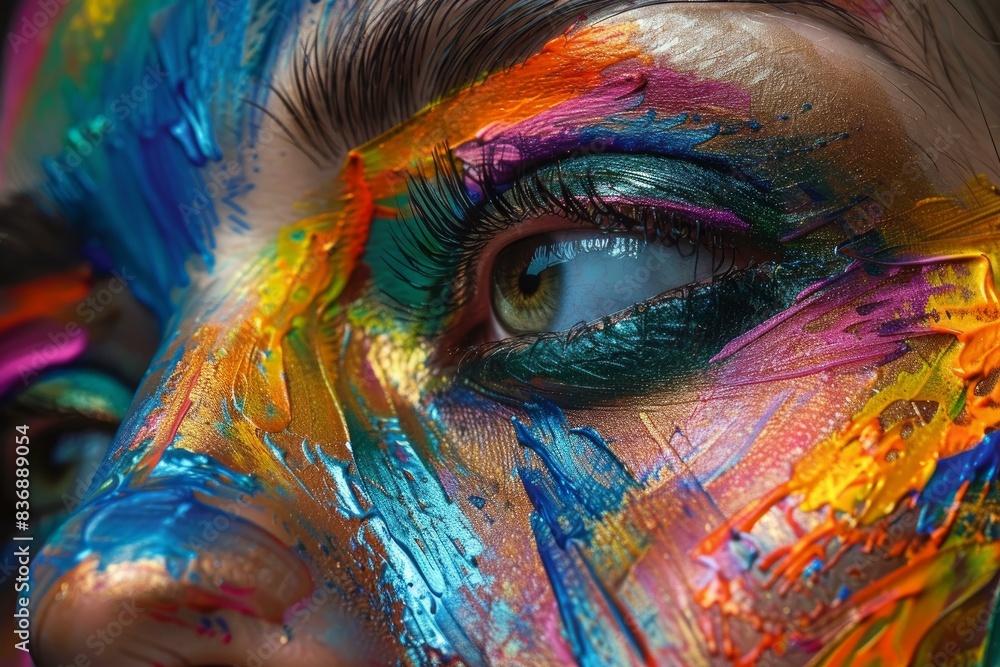 Closeup of a woman's eye adorned with a vivid array of artistic paint strokes