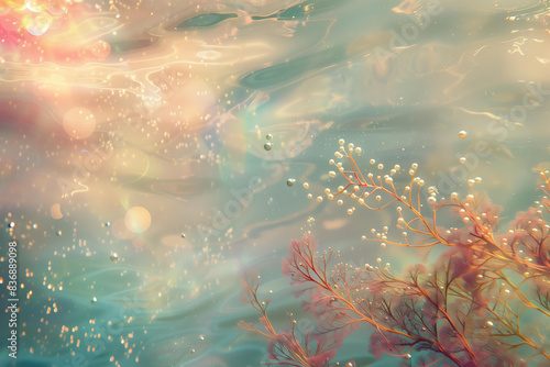 seaweed  pearls and coral in the water under shimmering glittery sky  pastel colors  sparklecore