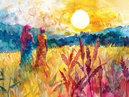 Indian agriculture, whimsical vintage, fauvist colors, watercolor, depicting farmers and crops in rich textures