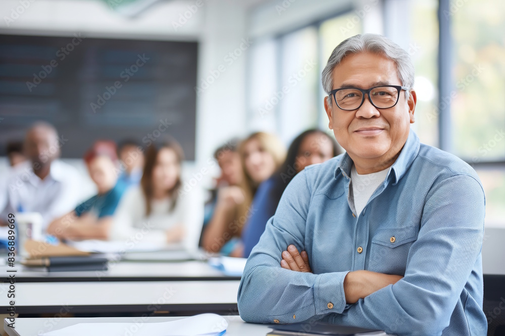 Asian senior man in classroom setting with diverse students. Concept for lifelong learning and education Asian senior man in classroom setting with diverse students. Concept for lifelong learning and education
