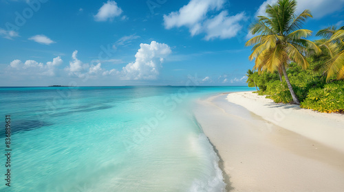 Beautiful beach with white sand  palm trees  turquoise ocean against blue sky with clouds on sunny summer day