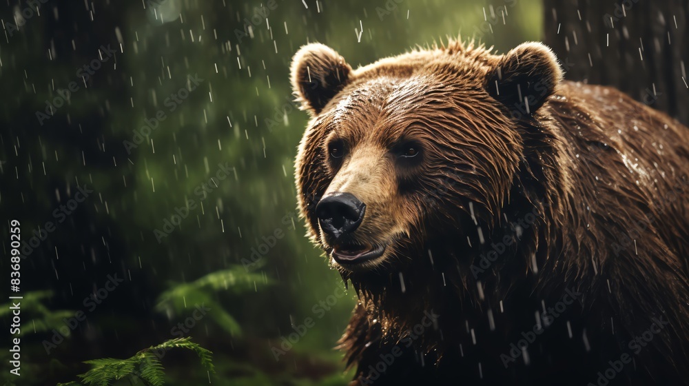 Close-up of a grizzly bear in a forest during rainfall. The bear's fur is wet from the rain, and the forest foliage is lush and green. Close-up of a grizzly bear in a forest during rainfall. The bear's fur is wet from the rain, and the forest foliage is lush and green.