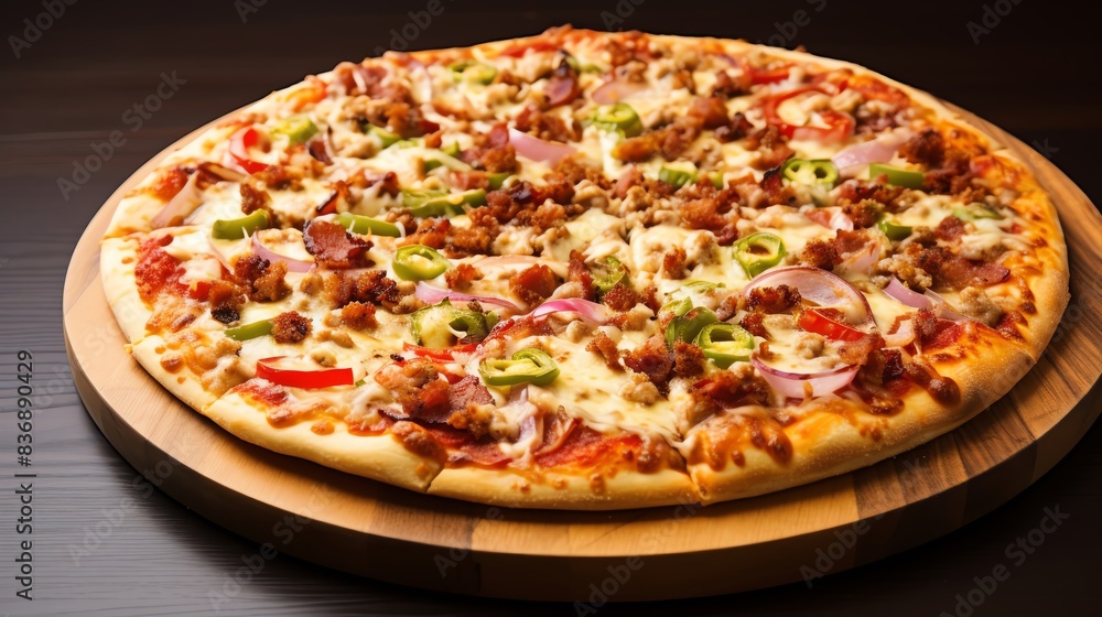 Delicious pizza with various toppings including beef, onions, peppers, and cheese, served on a wooden round board over a dark background. Delicious pizza with various toppings including beef, onions, peppers, and cheese, served on a wooden round board over a dark background.