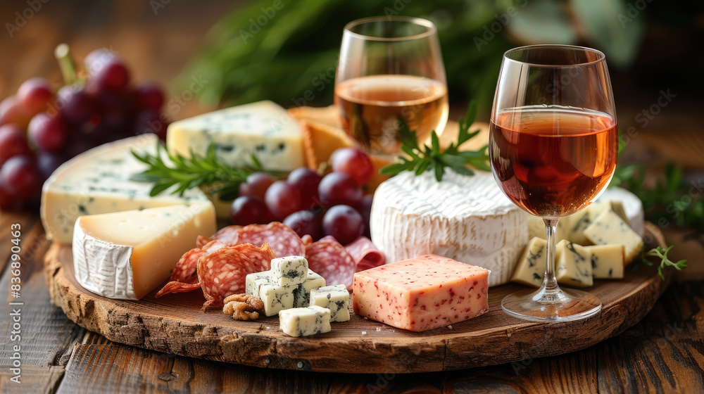 Plate of assorted cheeses and wine glasses