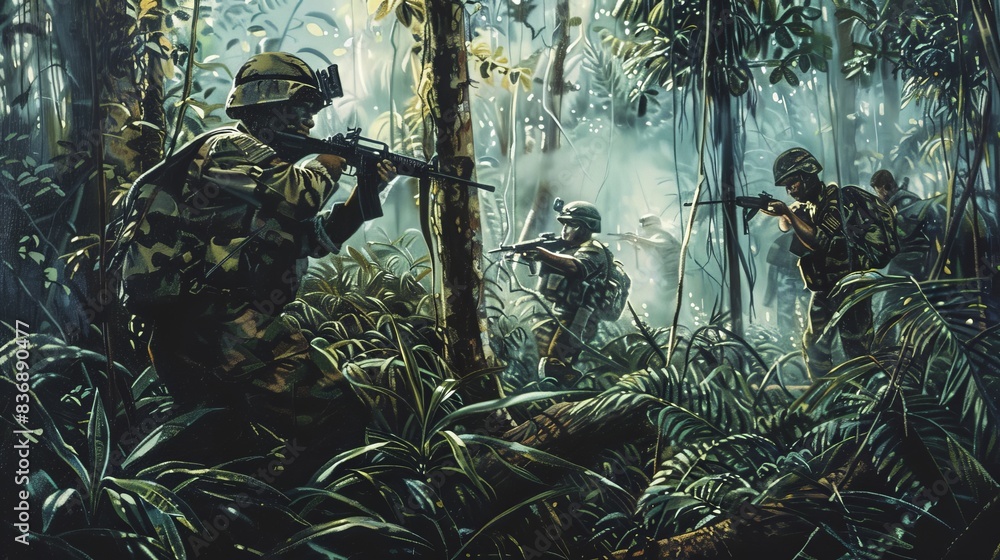 Detailed depiction of a guerrilla warfare scene in a dense jungle, with camouflaged fighters preparing an ambush, highlighting unconventional tactics in asymmetrical conflicts. Detailed depiction of a guerrilla warfare scene in a dense jungle, with camouflaged fighters preparing an ambush, highlighting unconventional tactics in asymmetrical conflicts.