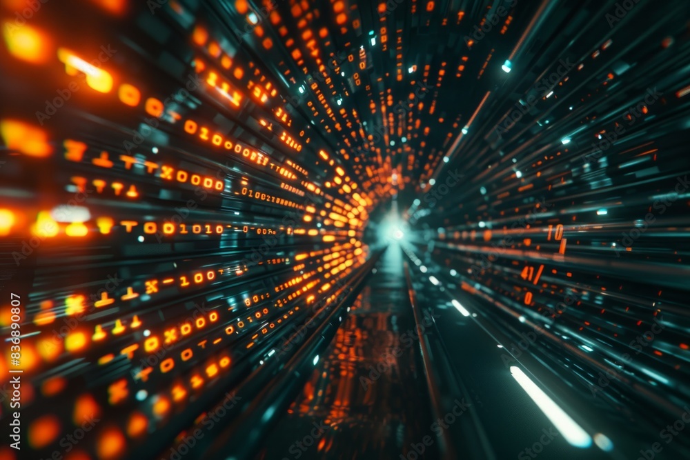 Digital data stream of numbers and letters in the dark tunnel with glow, futuristic background for technology concept Digital data stream of numbers and letters in the dark tunnel with glow, futuristic background for technology concept