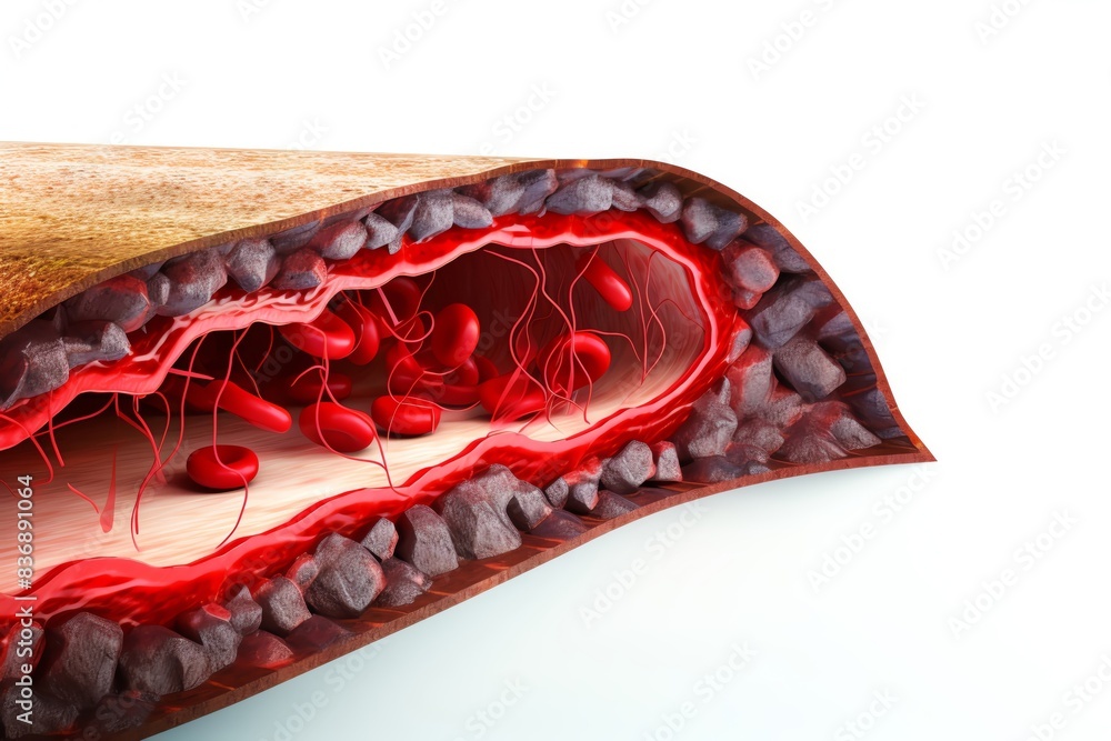 Cross-section of an artery showing plaque buildup and blood cells ...