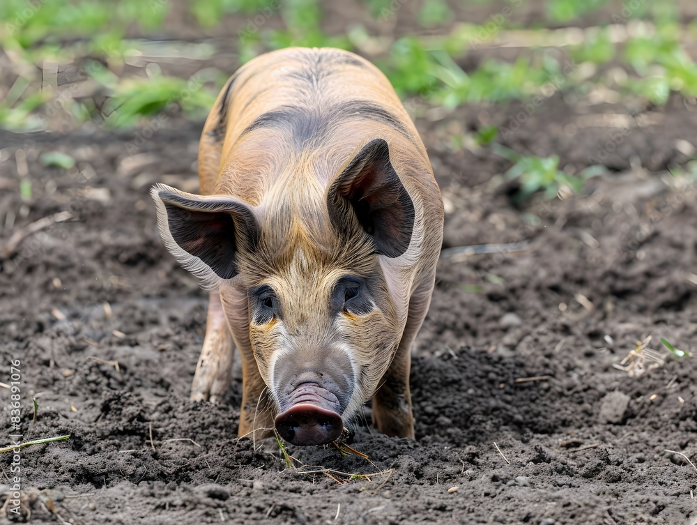 Free roaming Pig Foraging in Pastoral Landscape Free roaming Pig Foraging in Pastoral Landscape