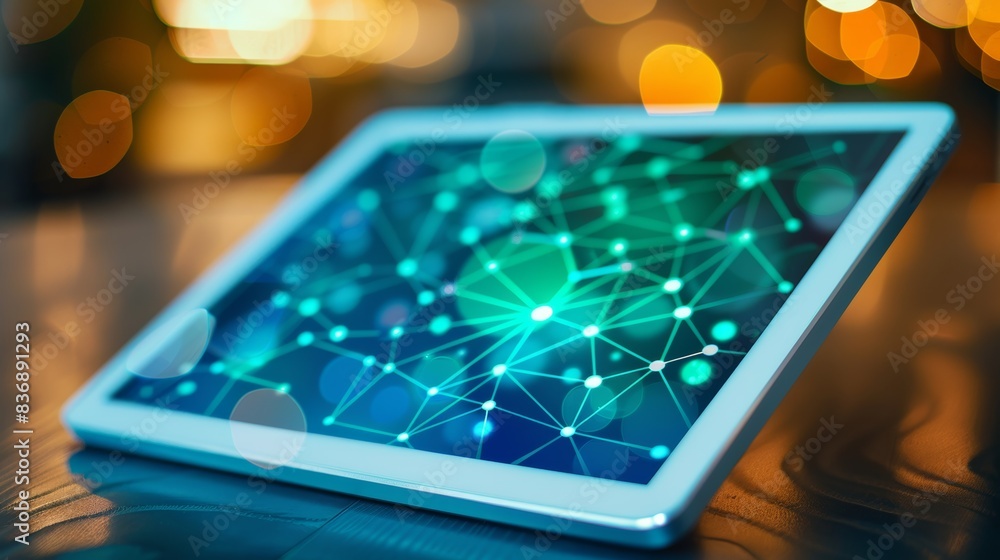 A tablet computer with a glowing network of dots on the screen, AI A tablet computer with a glowing network of dots on the screen, AI