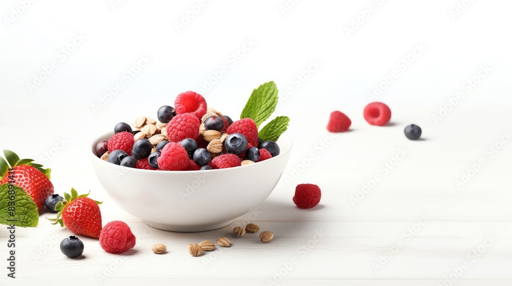 A white bowl filled with fresh berries, nuts, and mint leaves on a light background. Healthy breakfast food concept with strawberries, raspberries, and blueberries. A white bowl filled with fresh berries, nuts, and mint leaves on a light background. Healthy breakfast food concept with strawberries, raspberries, and blueberries.