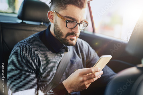 Businessman, cellphone and taxi or car for travel, conversation and communication or email. Connection, online reading and networking with technology for stock market and driving to work for career