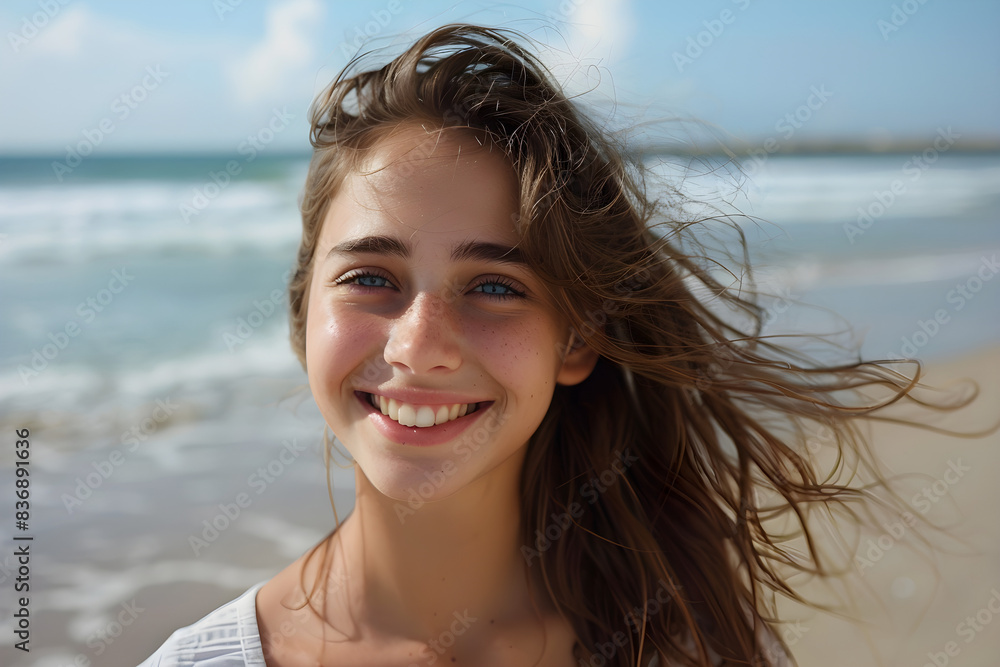 A young smiling girl with brown hair enjoys the beach and ocean waves, feeling the wind in her hair on a sunny day at the sea. Perfect for travel or vacation-related content. A young smiling girl with brown hair enjoys the beach and ocean waves, feeling the wind in her hair on a sunny day at the sea. Perfect for travel or vacation-related content.