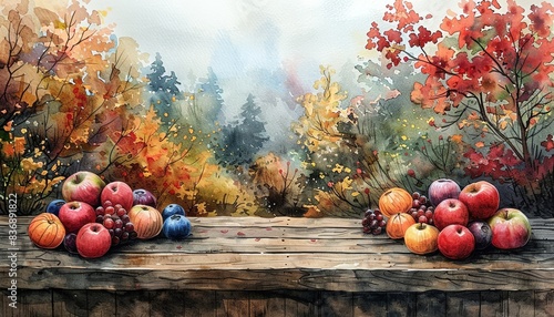 Rustic autumn table with apples and berries  surrounded by colorful fall foliage and misty forest background.