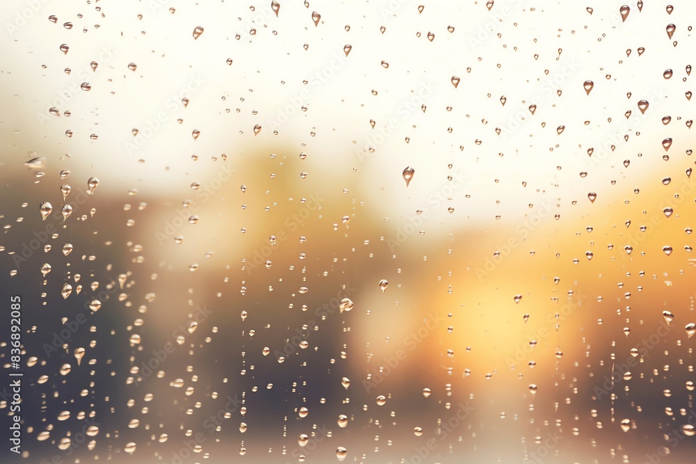 Fototapeta premium Close-up of raindrops on a window pane with a blurred colorful background, creating a calm and serene atmosphere.