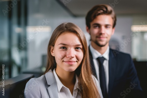 smiling businesswoman and man in office