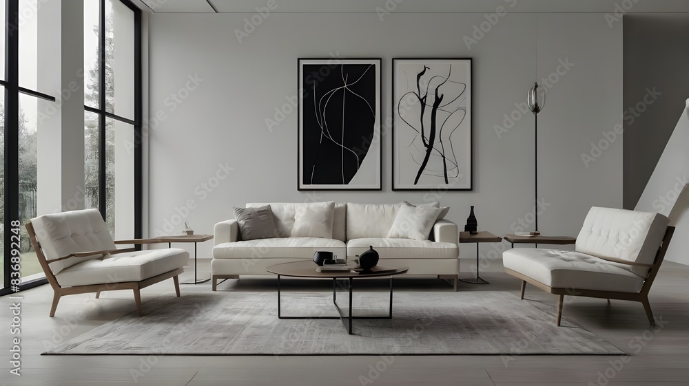 A modern minimalist livingroom with white furniture A modern minimalist livingroom with white furniture