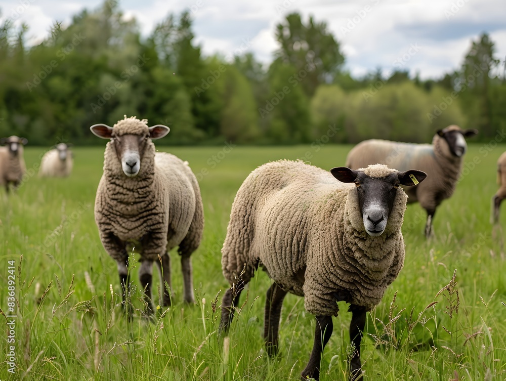 Fototapeta premium Free range Sheep Grazing in Pastoral Countryside Landscape