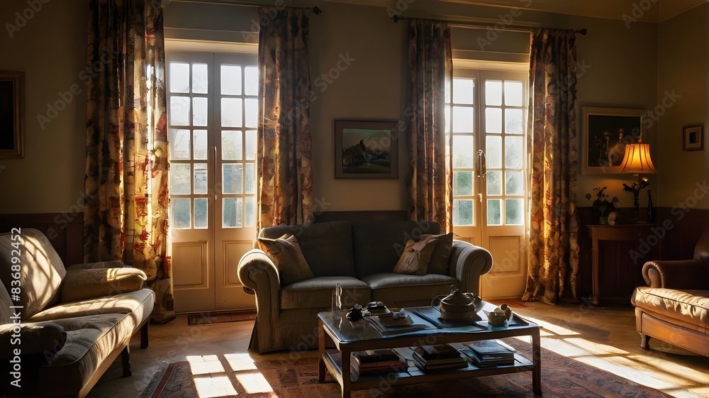 a living room with passing sunlight through windows a living room with passing sunlight through windows