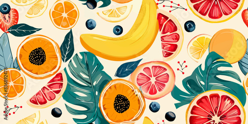 seamless pattern with juicy fruits and jungle leafs