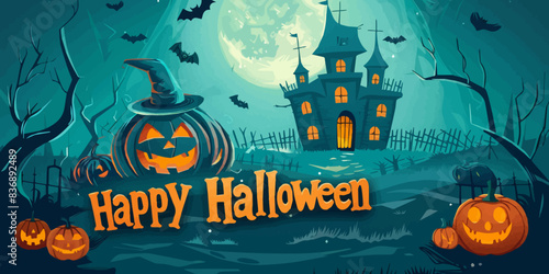 misty halloween background with castle, bats, moon and pumpkin