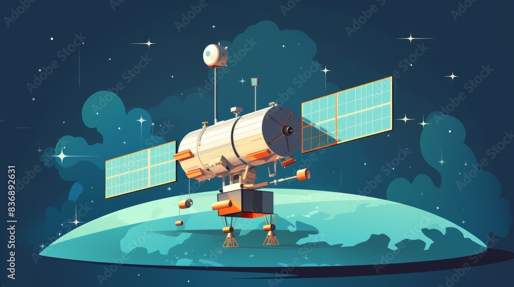 Obraz premium Illustration of a satellite orbiting Earth in space, showcasing modern technology and communication advancements.