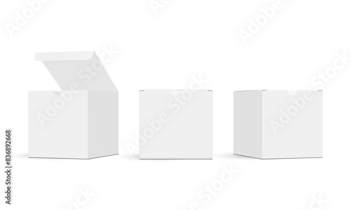 Square Packaging Boxes Mockups, Front And Side View, Opened And Closed Lid, Isolated On White Background. Vector Illustration