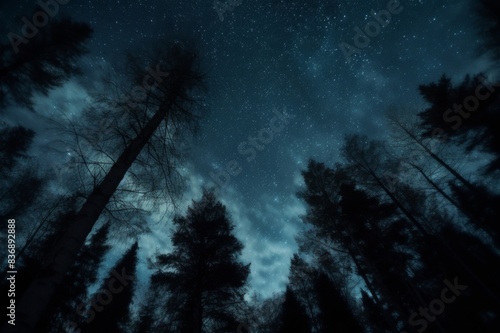 star filled sky beyond trees