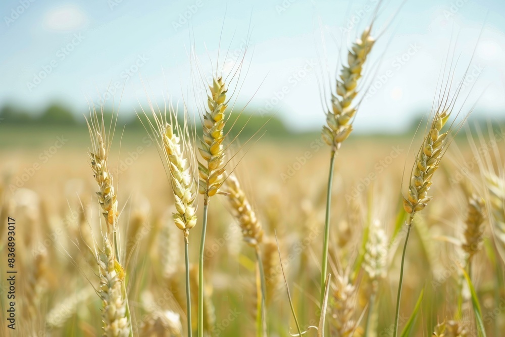 Closeup of ripe wheat ears with golden hues in a field on a sunny day Closeup of ripe wheat ears with golden hues in a field on a sunny day