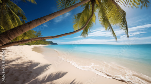 Paysage d'une plage paradisiaque avec feuilles de palmier. Espace vide de composition. Sable fin, océan ou mer. Ciel bleu, soleil. Vacances, été, voyage. Pour conception et création graphique.