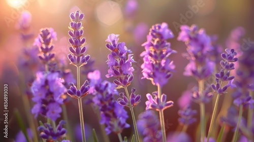 Blooming Lavender Flowers in Sunlight, Perfect for Nature-Themed Designs, Posters, and Cards © gn8