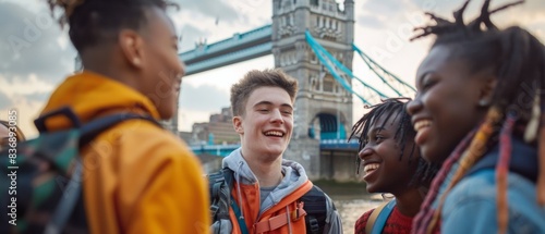 Ultra-sharp photo captures multiracial group of happy young friends London city.