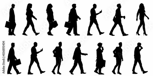 Silhouette of business people walking with hand bags, men and women in full length and side view. Vector silhouette illustration isolated of businesspeople on white background