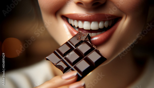 Une femme croque dans une barre de chocolat photo