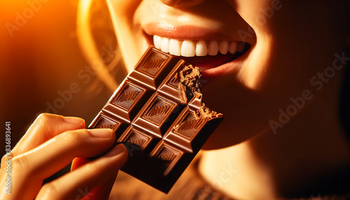 Gros plan d'une femme mordant dans une barre de chocolat noir photo