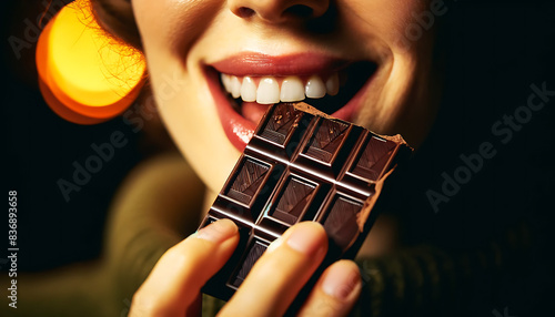 Plaisir intense avec une tablette de chocolat, image idéale pour blog ou article sur les bienfaits du chocolat photo